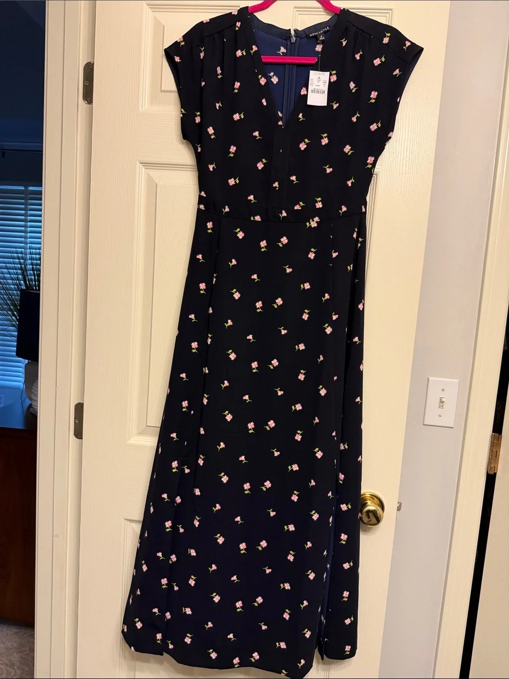 J. Crew Factory Navy Midi Dress with Pink Floral Print - Picture 1 of 6